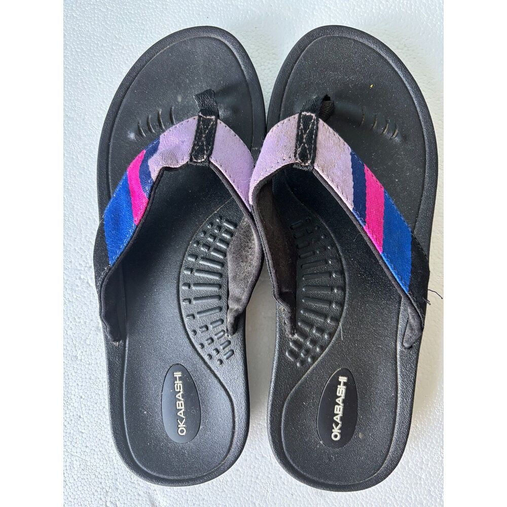 Okabashi Black Purple Stripe Flip Flop Thong Sandals Comfort Shoes Women ML